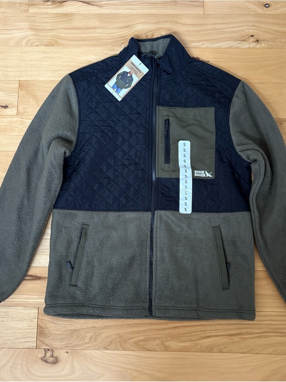 NWT Eddie Bauer Men's Mixed Media Quilted Fleece Jacket - Olive & Black Sz S.